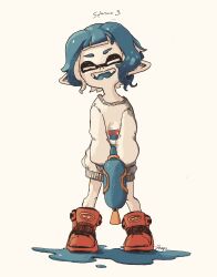 Rule 34 | 1girl, artist name, blue hair, blunt bangs, closed eyes, copyright name, english text, eyebrow cut, fangs, female focus, flat chest, full body, happy, highres, holding, holding weapon, ink, inkling, inkling girl, inkling player character, long sleeves, nintendo, open mouth, orange footwear, pale skin, pointy ears, puddle, shoes, shogo (shogo70449442), short hair, sidelocks, signature, simple background, smile, solo, splatoon (series), splatoon 3, splattershot (splatoon), standing, sweater, teeth, tentacle hair, tentacles, two-handed, weapon, white background, white sweater