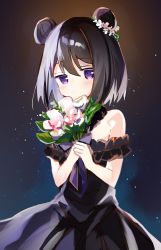 Rule 34 | 1girl, absurdres, alternate costume, bare shoulders, black background, black dress, black hair, blue background, blush, bouquet, bow, cowboy shot, double bun, dress, expressionless, flower, frilled dress, frills, gradient background, hair between eyes, hair bun, hair flower, hair ornament, highres, holding, holding bouquet, honwaka shinshi, jitome, kuroe (madoka magica), looking at viewer, magia record: mahou shoujo madoka magica gaiden, mahou shoujo madoka magica, off-shoulder dress, off shoulder, pink flower, purple bow, purple eyes, purple ribbon, ribbon, short hair, simple background, solo, sparkle