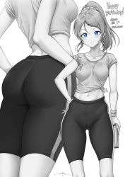 Rule 34 | 1girl, artist name, artist request, ayase eli, blonde hair, blue eyes, blush, breasts, collarbone, female focus, greyscale, hair between eyes, hair ornament, hair scrunchie, hairclip, hand on own hip, high ponytail, highres, holding, long hair, looking at viewer, love live!, love live! school idol project, monochrome, parted lips, ponytail, scrunchie, shirt, short hair, short sleeves, simple background, smile, solo, sportswear, unsfrau, white background, wristband