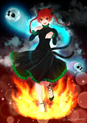 Rule 34 | 1girl, :d, absurdres, animal ears, artist name, bow, braid, breasts, cat ears, cat tail, dress, fire, fire, floating hair, full body, hair ribbon, highres, juliet sleeves, kabadi, kaenbyou rin, long sleeves, looking at viewer, multiple tails, nekomata, open mouth, paw pose, puffy sleeves, red eyes, red hair, ribbon, skull, small breasts, smile, solo, standing, standing on one leg, tail, touhou, tress ribbon, twin braids, two tails