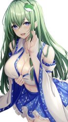 Rule 34 | 1girl, 7saki, absurdres, bad id, bad pixiv id, blue dress, blue eyes, blue skirt, breasts, cleavage, collared shirt, cowboy shot, detached sleeves, dress, frilled skirt, frills, green hair, hair ornament, hand up, highres, japanese clothes, kochiya sanae, large breasts, long hair, long sleeves, midriff, miko, navel, nontraditional miko, open mouth, shirt, shirt grab, simple background, skirt, sleeveless, sleeveless shirt, snake hair ornament, solo, touhou, white background, white shirt, wide sleeves