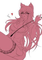 Rule 34 | 1girl, ahri (league of legends), breasts, choker, cleavage, fox ears, fox tail, glasses, league of legends, long hair, ring, tail, thighhighs, whip