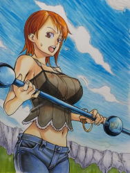 Rule 34 | 1girl, breasts, clima-tact, cloud, day, denim, jeans, large breasts, md5 mismatch, nami (one piece), navel, negi (negiyan), one piece, orange hair, pants, see-through, sky, solo