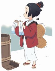 Rule 34 | 1girl, animal ears, black hair, brown eyes, brown footwear, closed mouth, commentary request, forehead, fox ears, fox girl, fox tail, full body, holding, holding towel, japanese clothes, kimono, kitsune, kukuri (mawaru), looking to the side, mawaru (mawaru), open clothes, original, sandals, solo, standing, tail, towel, wet, white kimono, zouri
