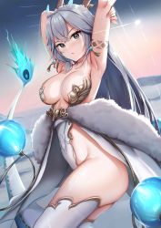 Rule 34 | 1girl, absurdres, armpits, arms up, blush, breasts, commentary, diamond-shaped pupils, diamond (shape), grey eyes, highres, holding own arm, horns, large breasts, leotard, long hair, looking at viewer, multiple horns, sidelocks, simple background, skai kun, solo, symbol-shaped pupils, tail, thighhighs, vei (vtuber), vei (vtuber) (sky empress), very long hair, virtual youtuber, vshojo, white leotard, white thighhighs