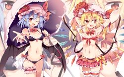 Rule 34 | 2girls, arm garter, armpits, arms behind head, bare arms, bare shoulders, bat wings, bikini, bikini skirt, black bikini, black legwear, black wings, blonde hair, blue hair, blush, bow, bowtie, breasts, bridal garter, cleavage, commentary request, cowboy shot, detached collar, fang, flandre scarlet, flower, frilled bikini, frills, front-tie top, groin, hair between eyes, hat, hat flower, hat ribbon, highres, holding, holding umbrella, looking at viewer, maturiuta sorato, microskirt, midriff, mismatched bikini, mob cap, multiple girls, navel, open mouth, outstretched arm, pink hat, pointy ears, red bikini, red bow, red eyes, red flower, red neckwear, red ribbon, remilia scarlet, ribbon, siblings, side-tie bikini bottom, simple background, sisters, skirt, small breasts, smile, standing, stomach, swimsuit, thigh gap, thighhighs, thighs, touhou, umbrella, white background, wings, wrist cuffs, yellow bow