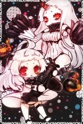 Rule 34 | 10s, 2girls, abyssal ship, aircraft, airplane, claws, colored skin, dress, horns, kantai collection, long hair, looking at viewer, mins (minevi), multiple girls, northern ocean princess, pale skin, panties, red eyes, ribbed dress, seaport princess, short dress, side-tie panties, single horn, underwear, white hair, white skin