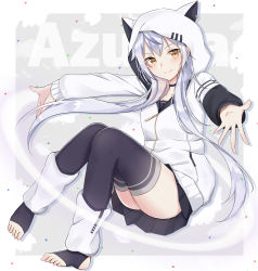 Rule 34 | 1girl, animal ears, animal hood, azuma lim, azuma lim channel, black skirt, black thighhighs, blush, brown eyes, cat ears, cat hood, character name, closed mouth, commentary request, hair between eyes, head tilt, hood, hood up, hoodie, long hair, long sleeves, looking at viewer, outstretched arms, pleated skirt, puffy long sleeves, puffy sleeves, silver hair, skirt, smile, solo, stirrup legwear, swon (joy200892), thighhighs, toeless legwear, very long hair, virtual youtuber, white hoodie