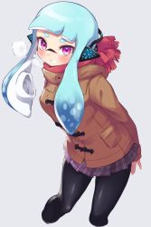 Rule 34 | 1girl, arms behind back, black pantyhose, blue hair, blue skirt, blunt bangs, blush, breath, brown coat, coat, commentary, cropped legs, fringe trim, grey background, grin, headgear, highres, inkling, inkling girl, inkling player character, leaning forward, long hair, looking at viewer, miniskirt, nintendo, pantyhose, penguin maru (penginmaru), plaid, plaid skirt, pleated skirt, purple eyes, red scarf, scarf, school uniform, simple background, skirt, smile, solo, splatoon (series), squidbeak splatoon, standing, tentacle hair, toggles, twintails, winter clothes