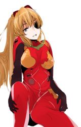 Rule 34 | 10s, 1girl, :d, bodysuit, bracer, breasts, breasts apart, commentary request, evangelion: 3.0 you can (not) redo, eyepatch, gloves, grey eyes, hair ornament, hair over one eye, hand on own hip, hand on leg, hand on own knee, hand on own thigh, head tilt, headgear, highres, knee up, large breasts, legs together, light brown hair, long hair, looking at viewer, neon genesis evangelion, open mouth, pilot suit, plugsuit, rebuild of evangelion, red hair, shika cho, sitting, sketch, sktiims, smile, solo, souryuu asuka langley, tape, turtleneck, very long hair, white background