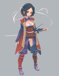 Rule 34 | 1girl, armor, black eyes, black hair, breasts, cleavage, gauntlets, greaves, grey background, hair ribbon, japanese armor, japanese clothes, katana, kote, medium breasts, original, panties, ribbon, samurai, scabbard, sheath, sheathed, silver hair, simple background, solo, suneate, sword, thighhighs, twintails, underwear, weapon, weno, white thighhighs