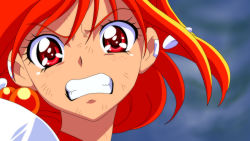 Rule 34 | 1girl, anime coloring, blurry, blurry background, bruise, bruise on face, clenched teeth, cure sunny, damascus (dearigazu2001), floating hair, hair between eyes, highres, hino akane (smile precure!), injury, looking at viewer, orange hair, portrait, precure, red eyes, short hair, smile precure!, solo, teeth, v-shaped eyebrows