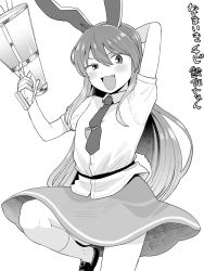 Rule 34 | 1girl, animal ears, arm behind head, arm up, blush, greyscale, hair between eyes, highres, holding, koyama shigeru, long hair, looking at viewer, lunatic gun, monochrome, necktie, open mouth, rabbit ears, reisen udongein inaba, short sleeves, skirt, solo, standing, standing on one leg, touhou, uneven eyes