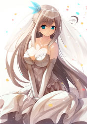 Rule 34 | 1girl, absurdres, bare shoulders, blue eyes, breasts, bridal veil, bride, cleavage, collarbone, dress, elbow gloves, gloves, grey dress, hair ornament, highres, jewelry, large breasts, lexington (warship girls r), light brown hair, long hair, looking at viewer, necklace, personification, smile, solo, strapless, strapless dress, tiara, v arms, veil, very long hair, warship girls r, wedding dress, xiaoyin li