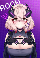 Rule 34 | 1girl, absurdres, angry, azur lane, bare shoulders, black choker, black gloves, blonde hair, breasts, character name, choker, cleavage, colored tips, cross, elbow gloves, eyes in shadow, frills, gloves, hair ornament, hands on own chest, heart, highres, large breasts, littlechim, multicolored hair, roon (azur lane), roon (muse) (azur lane), smile, solo, upper body, yellow eyes