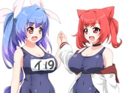 Rule 34 | 2girls, animal ears, azur lane, blue hair, blush, breasts, cat ears, cleavage, crossover, fang, hair ribbon, i-19 (azur lane), i-19 (kancolle), kantai collection, large breasts, long hair, multiple girls, name tag, name connection, one-piece swimsuit, open mouth, red eyes, red hair, ribbon, school swimsuit, shirogane hakuba, smile, star-shaped pupils, star (symbol), swimsuit, symbol-shaped pupils, tri tails, twintails