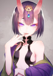 Rule 34 | 1girl, bare shoulders, breasts, eyelashes, fangs, fate/grand order, fate (series), finger to mouth, hair ornament, highres, horns, japanese clothes, kimono, lips, looking at viewer, nilitsu, oni, parted lips, purple eyes, purple hair, saliva, short hair, shuten douji (fate), small breasts, solo, thick eyebrows, upper body
