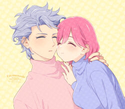 Rule 34 | 1boy, 1girl, artist name, blue sweater, bob cut, breasts, closed eyes, couple, dated, grey hair, hair between eyes, hand in another&#039;s hair, hand on another&#039;s shoulder, hetero, krudears, light blush, long sleeves, medium breasts, nail polish, parted lips, pink hair, pink sweater, protagonist (tokimemo gs3), shitara seiji, short hair, smile, sweater, tokimeki memorial, tokimeki memorial girl&#039;s side 3rd story, turtleneck, turtleneck sweater, twitter username, upper body, yellow background, yellow nails
