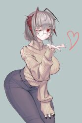Rule 34 | 1girl, absurdres, antenna hair, arknights, breasts, demon horns, glasses, grey hair, highres, horns, large breasts, linza, looking at viewer, nail polish, red eyes, short hair, simple background, smile, solo, sweater, turtleneck, turtleneck sweater, w (arknights)