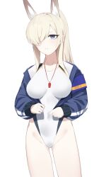 1girl absurdres animal_ear_fluff animal_ears ass blonde_hair blue_archive blue_eyes blue_jacket blush breasts clenched_teeth competition_swimsuit cowboy_shot dog_ears extra_ears highres jacket kanna_(blue_archive) kanna_(swimsuit)_(blue_archive) large_breasts long_hair official_alternate_costume one-piece_swimsuit open_clothes open_jacket seya_0517 simple_background solo swimsuit teeth whistle whistle_around_neck white_background white_one-piece_swimsuit