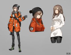 Rule 34 | 1girl, backpack, bag, black gloves, black pantyhose, bobblehat, breasts, brown eyes, brown hair, closed mouth, cropped legs, cropped torso, full body, gas mask, gloves, grey background, highres, jacket, long hair, looking at viewer, mask, medium breasts, multiple views, neco, orange jacket, original, pantyhose, pantyhose under shorts, parted lips, ribbed sweater, shorts, standing, sweater, turtleneck, turtleneck sweater
