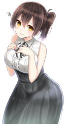 Rule 34 | 10s, 1girl, absurdres, alternate costume, blush, breasts, brown eyes, brown hair, hair between eyes, hands on own chest, highres, kaga (kancolle), kantai collection, meme attire, mizukoshi (marumi), short hair, side ponytail, simple background, sleeveless, smile, solo, squiggle, virgin killer outfit