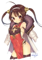 Rule 34 | 1girl, azur lane, breasts, brown hair, china dress, chinese clothes, covered navel, dress, highres, long hair, looking at viewer, medium breasts, murata tefu, open mouth, panties, ping hai (azur lane), red eyes, simple background, small breasts, solo, string panties, thighhighs, twintails, underwear, white background