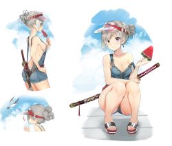 Rule 34 | 1girl, ^^^, ass, bare shoulders, bird, blue sky, blush, breasts, cleavage, closed mouth, cloud, collarbone, commentary request, day, eating, food, from side, fruit, hair bun, heterochromia, highres, holding, holding food, katana, looking at viewer, medium breasts, multiple views, no bra, original, outdoors, overalls, popsicle, purple eyes, sandals, seagull, silver hair, simple background, single hair bun, sky, squatting, strap slip, sweat, sword, teddy (khanshin), visor cap, watermelon bar, weapon, white background
