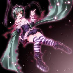 Rule 34 | 1girl, alternate costume, antennae, bad id, bad pixiv id, bare shoulders, boots, breasts, cape, cleavage, collarbone, corset, dress, female focus, frills, green hair, headband, highres, looking at viewer, princess wriggle, red eyes, short hair, small breasts, smile, solo, striped clothes, striped thighhighs, thighhighs, touhou, tsukishiro saika, wriggle nightbug, zettai ryouiki