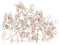 Rule 34 | &gt; &lt;, 00s, 1boy, 6+girls, :3, :t, ^ ^, animal ears, apple, brown theme, cart, chibi, child, closed eyes, craft lawrence, family, fang, food, fruit, holo, horse, if they mated, ikuta takanon, monochrome, multiple girls, pout, pregnant, sepia, smile, spice and wolf, sweatdrop, tail, tail wagging, too many, wagon, wolf ears, wolf tail