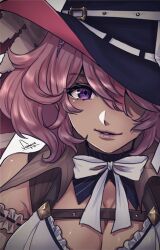 Rule 34 | 1girl, armed fantasia, black hat, bow, breasts, cleavage, frills, hair over one eye, hat, large breasts, lips, long hair, looking at viewer, mercedes rosenberg, messy hair, parted lips, pink hair, purple eyes, shiny skin, signature, simple background, smile, solo, submarine (o0azure0o), upper body, white background, white bow