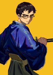 Rule 34 | 1boy, black hair, blue kimono, cowboy shot, dr. stone, from behind, glasses, green eyes, highres, holding, holding sword, holding weapon, japanese clothes, katana, kimono, kinro, long sleeves, male focus, serious, short hair, simple background, solo, sword, tamomoko, weapon, wide sleeves, yellow background