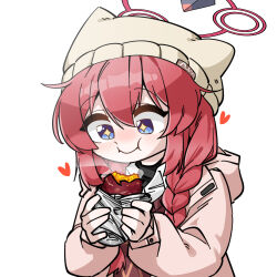 Rule 34 | + +, 1girl, animal ear headwear, animal ears, beanie, blue archive, blue eyes, blush, braid, closed mouth, commentary request, eating, fake animal ears, fey (whitepaper), food, grey hat, grey jacket, hat, heart, jacket, korean commentary, long hair, long sleeves, maki (blue archive), maki (camp) (blue archive), puffy long sleeves, puffy sleeves, red hair, roasted sweet potato, simple background, solo, sweet potato, twin braids, upper body, white background