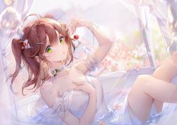 Rule 34 | 1girl, absurdres, ahoge, bare shoulders, blush, brown hair, cherry, chinese commentary, choker, commentary request, dress, duoduo poi, feet out of frame, flower, food, fruit, green eyes, hair between eyes, highres, holding, holding food, holding fruit, indie virtual youtuber, irisrey, looking at viewer, medium hair, partially submerged, pink flower, solo, strap slip, two side up, virtual youtuber, water, weibo watermark, white choker, white dress, white flower