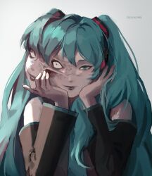 Rule 34 | 1girl, absurdres, aqua eyes, aqua hair, aqua necktie, aqua theme, artist name, bare shoulders, black sleeves, body horror, chuvuyaa, closed mouth, commentary, creepy, detached sleeves, extra faces, grey shirt, hair over shoulder, hands on own face, hands up, hatsune miku, head rest, highres, light smile, looking at viewer, looking to the side, multiple heads, necktie, parody, shirt, sideways glance, simple background, smile, solo, tomie, twintails, upper body, vocaloid, white background