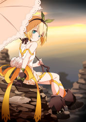 Rule 34 | 1girl, absurdres, bare shoulders, black choker, blonde hair, blue eyes, blush, boots, bow, brown footwear, brown gloves, canyon, choker, closed mouth, dress, edna (tales), eyes visible through hair, gloves, hair bow, hairband, highres, holding, holding umbrella, light smile, looking at viewer, looking back, mousou (mousou temporary), off shoulder, outdoors, rock, short dress, short hair, single glove, sitting, solo, sunset, tales of (series), tales of zestiria, umbrella, white dress