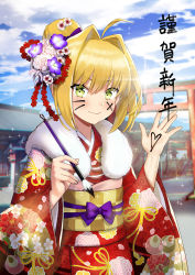 Rule 34 | 1girl, ahoge, blonde hair, blue sky, blush, body writing, braid, breasts, calligraphy brush, closed mouth, facepaint, fate/extra, fate/grand order, fate (series), floral print, flower, french braid, fur collar, green eyes, hair bun, hair flower, hair intakes, hair ornament, highres, japanese clothes, kimono, lens flare, long hair, long sleeves, looking at viewer, nemophila (flower), nero claudius (fate), nero claudius (fate) (all), nero claudius (fate/extra), noixen, obi, paintbrush, red kimono, revision, sash, single hair bun, sky, smile, solo, sparkle, torii, waving, wide sleeves