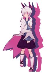 Rule 34 | 1bitheart, 1boy, ahoge, blue shirt, boots, closed mouth, coat, full body, hood, hood down, hooded coat, looking at viewer, male focus, miwasiba, nanase yoshi, official art, pink eyes, purple shorts, robot ears, shirt, shorts, smile, solo, transparent background, white coat, white footwear, white hair