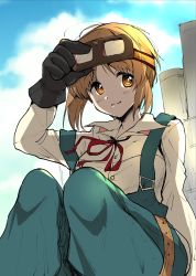 Rule 34 | 10s, 1girl, adjusting goggles, alternate costume, black gloves, brown eyes, brown hair, closed mouth, cloud, cloudy sky, commentary, day, emilio (tetsukazu no ao), girls und panzer, gloves, goggles, goggles on head, highres, long sleeves, looking at viewer, neck ribbon, nishizumi miho, outdoors, overalls, red ribbon, ribbon, shirt, short hair, sitting, sky, smile, solo, steampunk, strap slip, white shirt