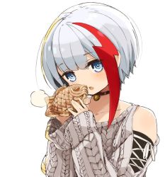 Rule 34 | 1girl, admiral graf spee (azur lane), admiral graf spee (daily peaceful life) (azur lane), admiral graf spee (peaceful daily life) (azur lane), aran sweater, azur lane, black choker, blue eyes, cable knit, choker, clothing cutout, food, grey hair, grey sweater, hands up, holding, holding food, looking at viewer, mota, multicolored hair, open mouth, red hair, short hair, shoulder cutout, simple background, sleeves past wrists, solo, steam, streaked hair, sweater, taiyaki, two-tone hair, upper body, wagashi, white background