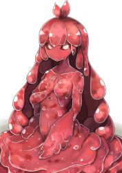 Rule 34 | 1girl, :/, antenna hair, breasts, closed mouth, collarbone, colored sclera, colored skin, dripping, gradient background, hand on own chest, highres, lobotomy corporation, long hair, melting love, monster girl, no nose, no pupils, plan (planhaplalan), project moon, red hair, red sclera, red skin, red theme, slime (substance), slime girl, small breasts, solo, very long hair, white eyes