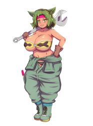 Rule 34 | 1girl, animal ears, bandeau, bare shoulders, boots, breasts, cleavage, clothes around waist, collarbone, commentary, covered erect nipples, curvy, dark-skinned female, dark skin, english commentary, full body, gloves, green hair, gremlin (monster girl encyclopedia), grin, headband, highres, huge breasts, looking at viewer, monster girl encyclopedia, nav (itsnav), navel, o-ring, o-ring top, pants, parted lips, screwdriver, shirt, shirt around waist, short hair, smile, solo, standing, transparent background, white background, wrench, yellow eyes