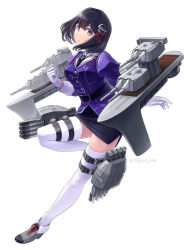 Rule 34 | 1girl, adapted costume, black hair, black skirt, brown eyes, cannon, full body, haguro (kancolle), haguro kai ni (kancolle), hair ornament, highres, kantai collection, looking at viewer, machinery, military, military uniform, pencil skirt, short hair, simple background, skirt, solo, thighhighs, tomoyo kai, torpedo launcher, turret, uniform, white background, white thighhighs