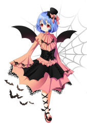 Rule 34 | 1girl, alternate costume, bad id, bad pixiv id, bat (animal), bat wings, blue hair, blush, brooch, corset, cross-laced clothes, cross-laced legwear, fang, fang out, gothic lolita, hair ornament, hat, highres, hoxi, jewelry, lolita fashion, looking away, platform footwear, red eyes, remilia scarlet, silk, skull hair ornament, solo, spider web, touhou, wings