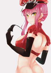 Rule 34 | &gt;:), 1girl, absurdres, ass, bad id, bad pixiv id, blunt bangs, blush, bottomless, breasts, closed mouth, elbow gloves, fate/grand order, fate (series), from side, gloves, hat, highres, kasoku souchi, looking at viewer, looking to the side, medb (alluring chief warden look) (fate), medb (fate), medium breasts, peaked cap, pink hair, riding crop, short hair with long locks, sidelocks, smile, solo, upper body, v-shaped eyebrows, yellow eyes