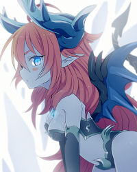 Rule 34 | 1girl, armor, bikini armor, blue eyes, blue skin, blush stickers, breasts, cleavage, colored skin, demon tail, demon wings, elbow gloves, gloves, hera-is (p&amp;d), hera (p&amp;d), horns, long hair, medium breasts, mofuaki, multicolored hair, pointy ears, puzzle &amp; dragons, red hair, solo, tail, wings