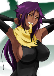 Rule 34 | 1girl, adjusting hair, armpits, arms behind head, arms up, bleach, breasts, ckros-15, dark skin, dark-skinned female, fang, female focus, grin, large breasts, long hair, looking at viewer, mouth hold, no bra, purple hair, scarf, shihouin yoruichi, sideboob, smile, solo, upper body, yellow eyes