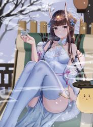 Rule 34 | 1girl, absurdres, azur lane, bare shoulders, bare tree, blue dress, blue thighhighs, blush, breasts, brown hair, china dress, chinese clothes, choko (cup), collarbone, creature, cup, dress, feet out of frame, flower knot, fur shawl, highres, holding, holding cup, horns, knees up, kuwahara taiki, long hair, manjuu (azur lane), mole, mole under eye, noshiro (azur lane), noshiro (fragrance of the eastern snow) (azur lane), official alternate costume, parted lips, pelvic curtain, pink ribbon, purple eyes, ribbon, shawl, sitting, skin-covered horns, sleeveless, sleeveless dress, small breasts, snowflakes, tassel, thighhighs, thighs, tray, tree, very long hair