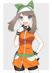 Rule 34 | &gt;:d, 1girl, :d, absurdres, asymmetrical bangs, bad id, bad pixiv id, bandana, bare arms, bare shoulders, bike shorts, black shorts, blue eyes, breasts, brown hair, collared dress, cowboy shot, creatures (company), dress, fanny pack, female focus, game freak, gloves, green bandana, green bandanna, grey background, hand on own hip, hand up, happy, highres, holding, holding poke ball, looking at viewer, may (pokemon), may (pokemon emerald), medium breasts, multicolored clothes, multicolored gloves, neck, nintendo, open mouth, orange dress, poke ball, pokemon, pokemon emerald, pokemon rse, short hair, short shorts, shorts, simple background, sleeveless, sleeveless dress, smile, solo, standing, yuihico