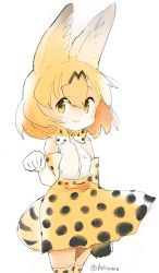 Rule 34 | 10s, 1girl, animal ears, bare shoulders, bow, bowtie, colorized, commentary, cowboy shot, elbow gloves, gloves, hair between eyes, hand up, high-waist skirt, highres, kemono friends, looking at viewer, medium hair, orange hair, panzuban, paw pose, print bow, print bowtie, print gloves, print neckwear, print skirt, print thighhighs, serval (kemono friends), serval print, serval tail, shirt, simple background, sketch, skirt, sleeveless, sleeveless shirt, smile, solo, tail, thighhighs, twitter username, white background, white shirt, yellow eyes